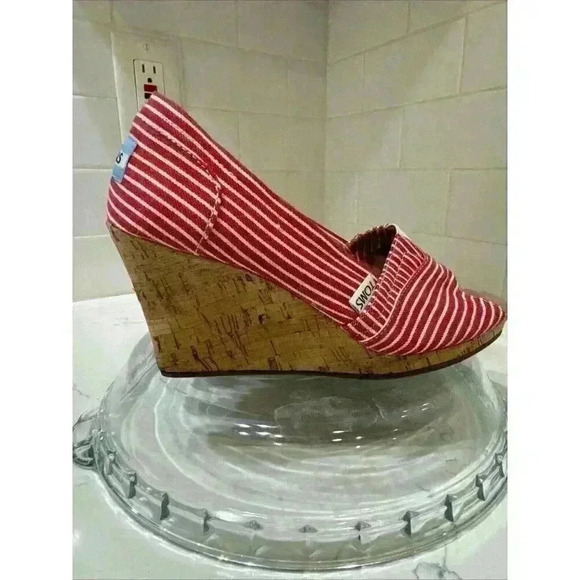 Women's Toms Heels Slip-on Wedges Peep Toe Canvas Red/White Stripes Size 6 - Picture 7 of 15